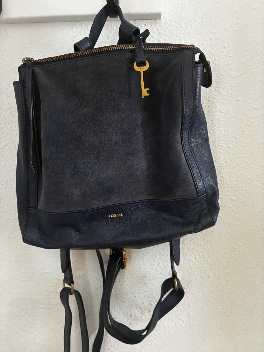 Fossil Navy Elina Leather and Suede Convertible Backpack Convertible
